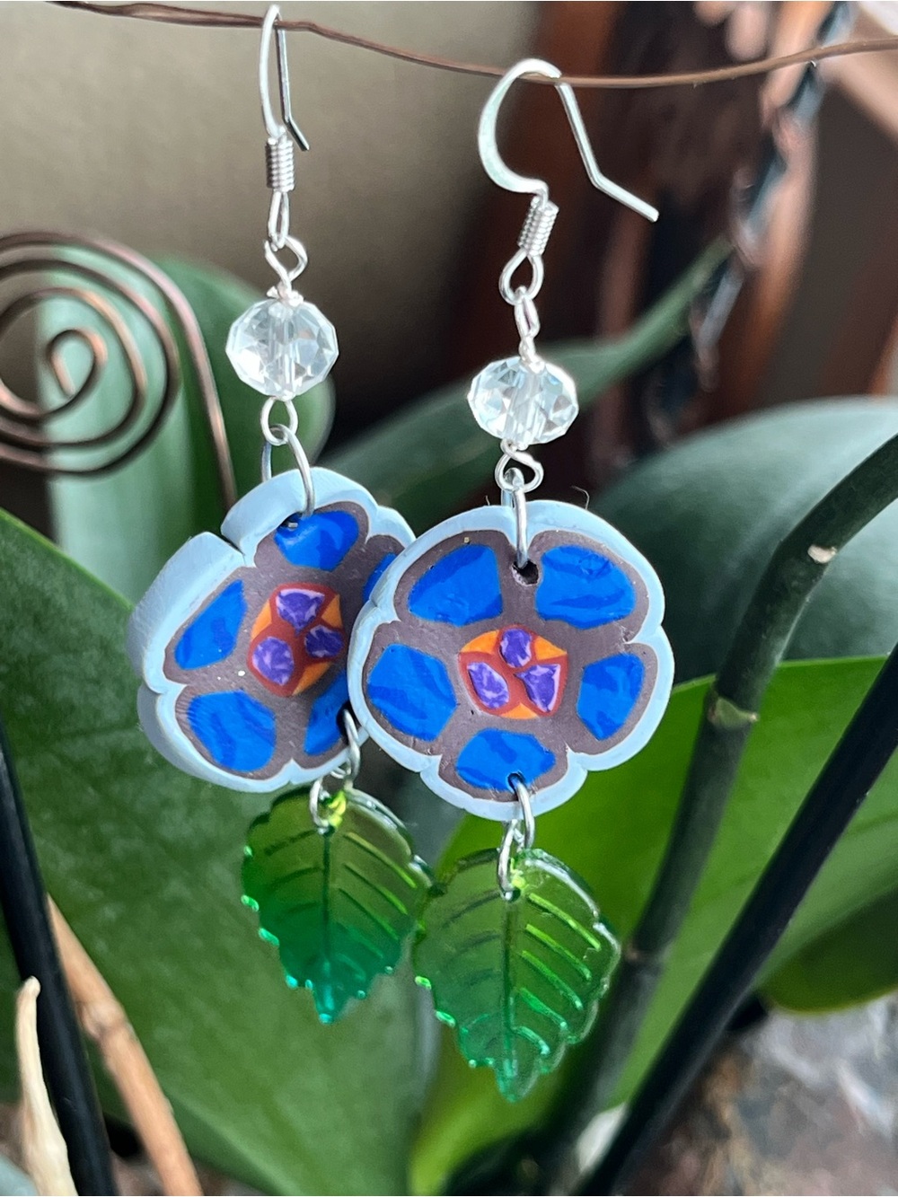 Handmade Polymer Clay Blue Flower & Green Leaf Dangle Earrings